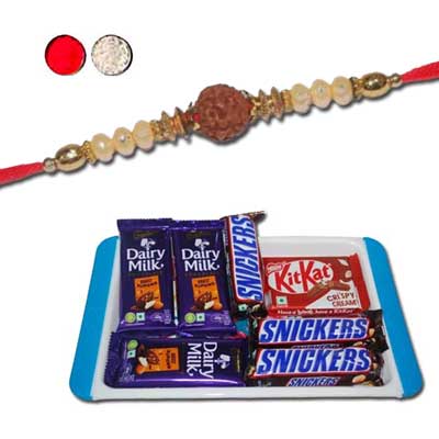 "Designer Fancy Rudraksha Rakhi - FR-8510 A- (Single RakhI)Choco Thali - code RC08 - Click here to View more details about this Product